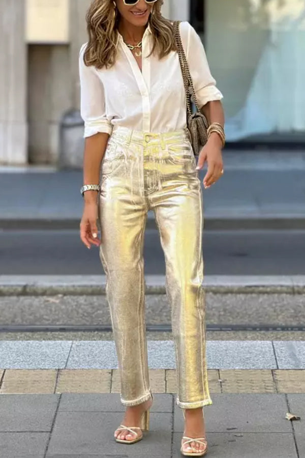 Ladomma™ |Retro straight-leg gold trousers with loose pockets and wide legs