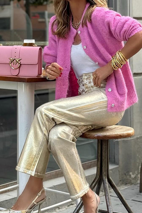 Ladomma™ |Retro straight-leg gold trousers with loose pockets and wide legs