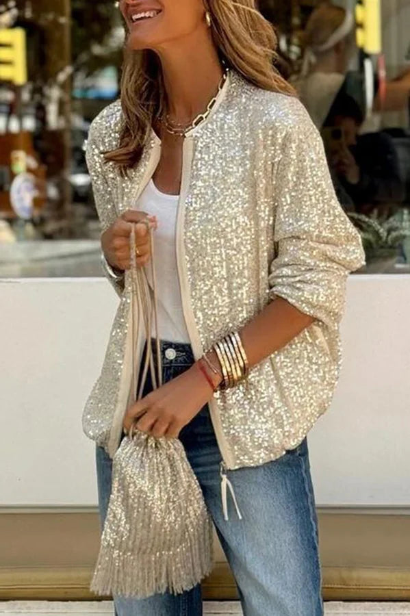 Ladomma™ | Star Kisses Sequin Zipped Long Sleeve Relaxed or Party Coat