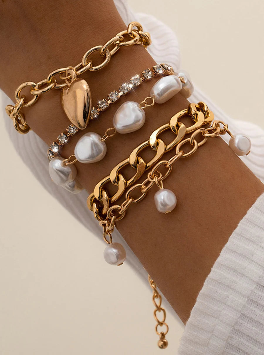 Ladomma™ | Metal Chain and Pearl Layered Bracelet Set