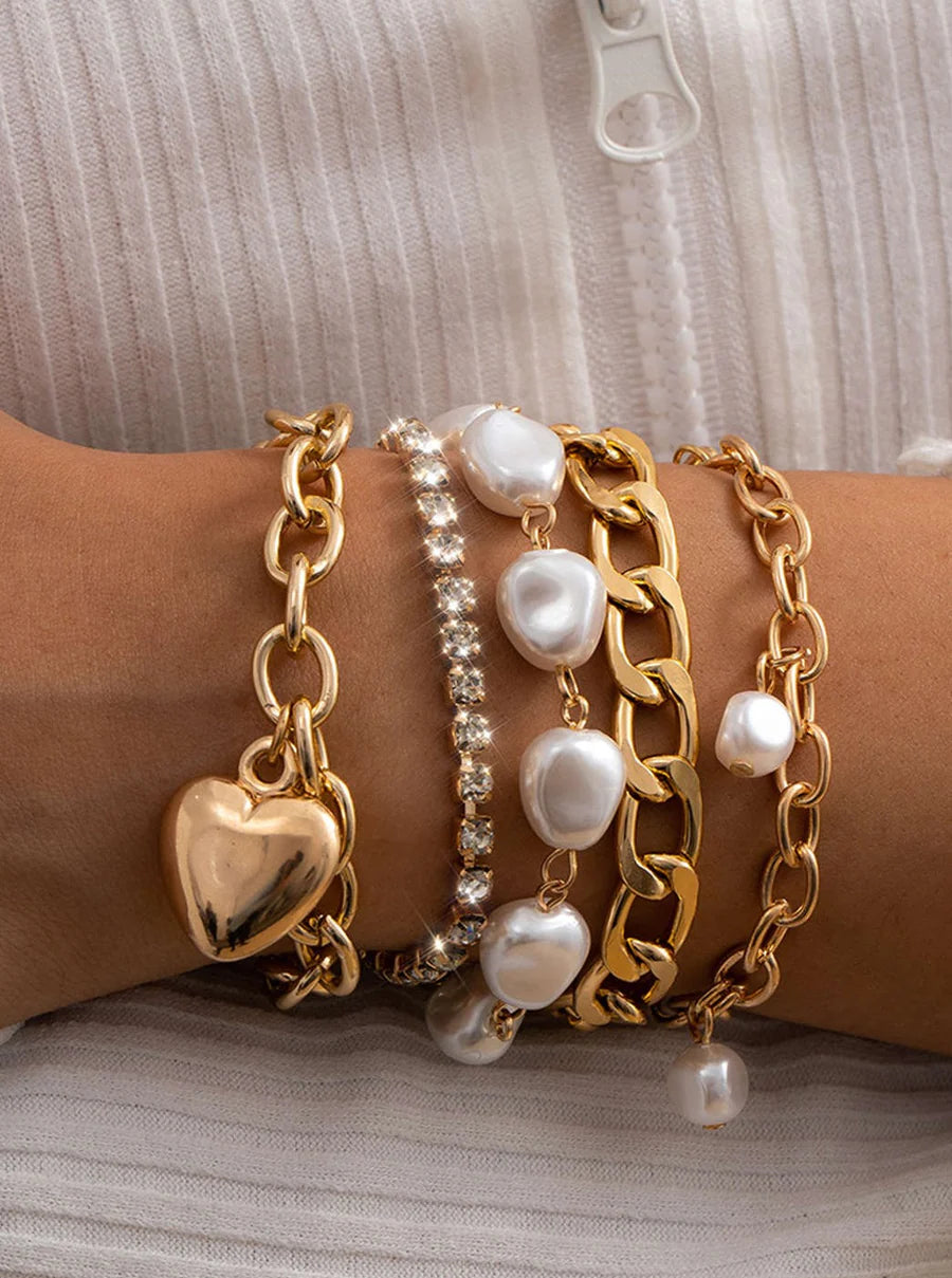 Ladomma™ | Metal Chain and Pearl Layered Bracelet Set