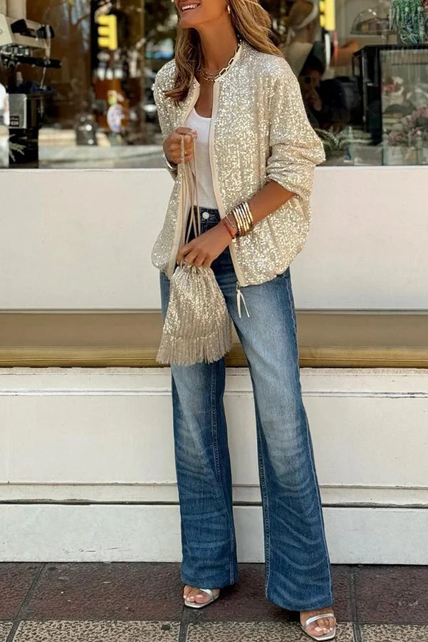 Ladomma™ | Star Kisses Sequin Zipped Long Sleeve Relaxed or Party Coat